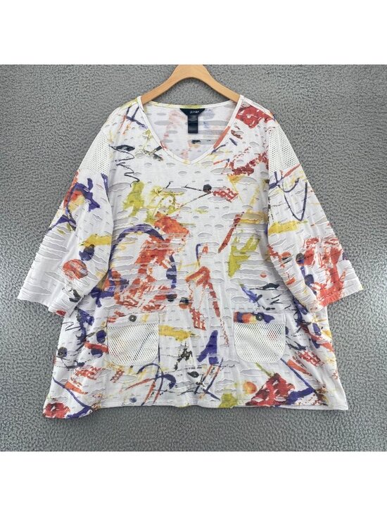 Ali Miles Tops - Ali Miles Top Womens 2X White Multi Paint Splatter Tunic Mesh Distressed Pockets